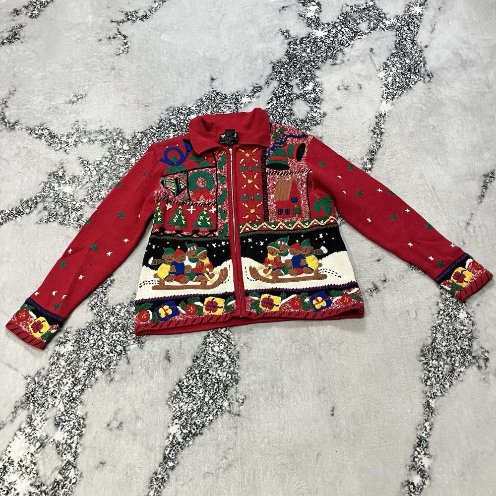 Studio Ho Ho Ho Christmas‎ Zip Cardigan Ramie Cotton Patch Ugly Sweater S